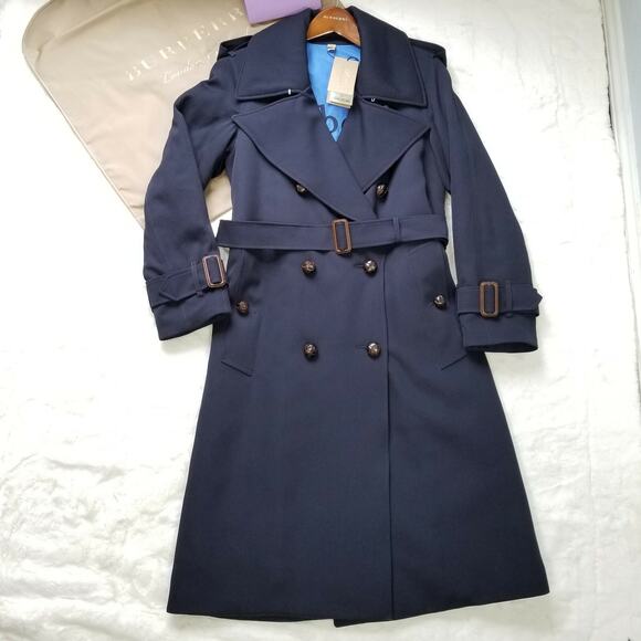 NWT Burberry The Regina Women Size 4 Wool Gabardine Long Trench Coat Navy $2,890 - Picture 4 of 13